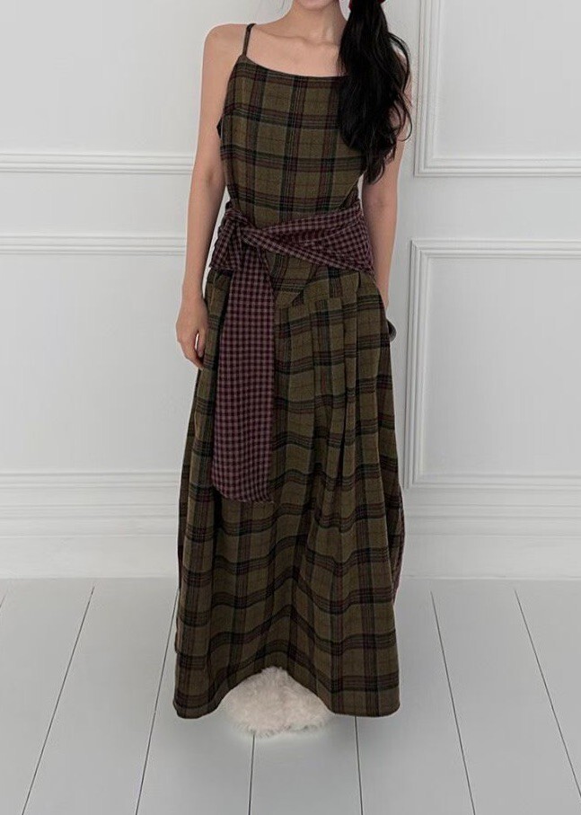 前後撞色格細帶洋裝