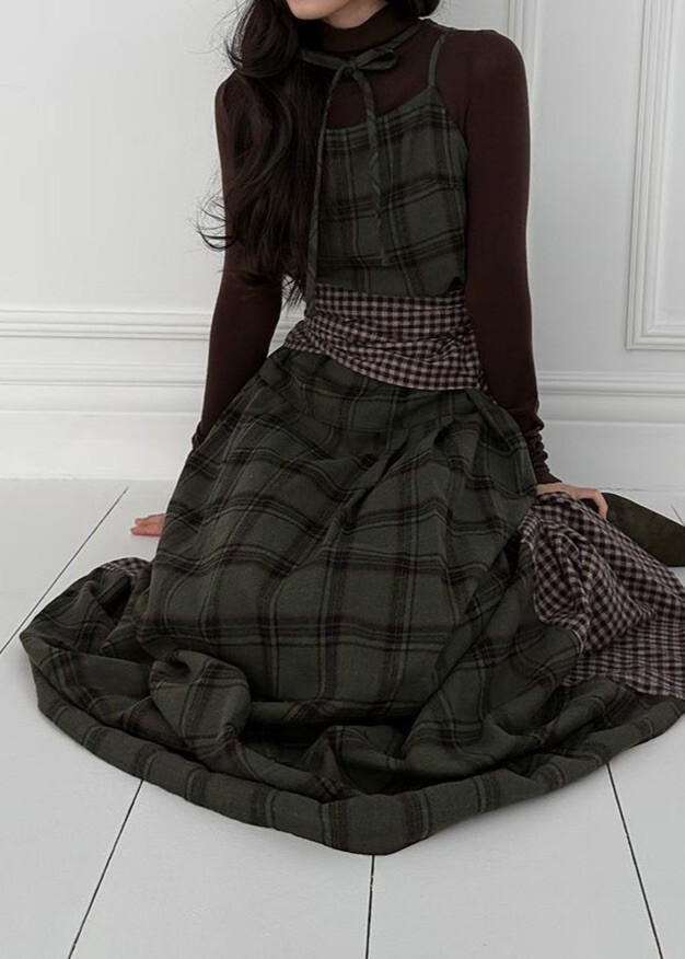 前後撞色格細帶洋裝