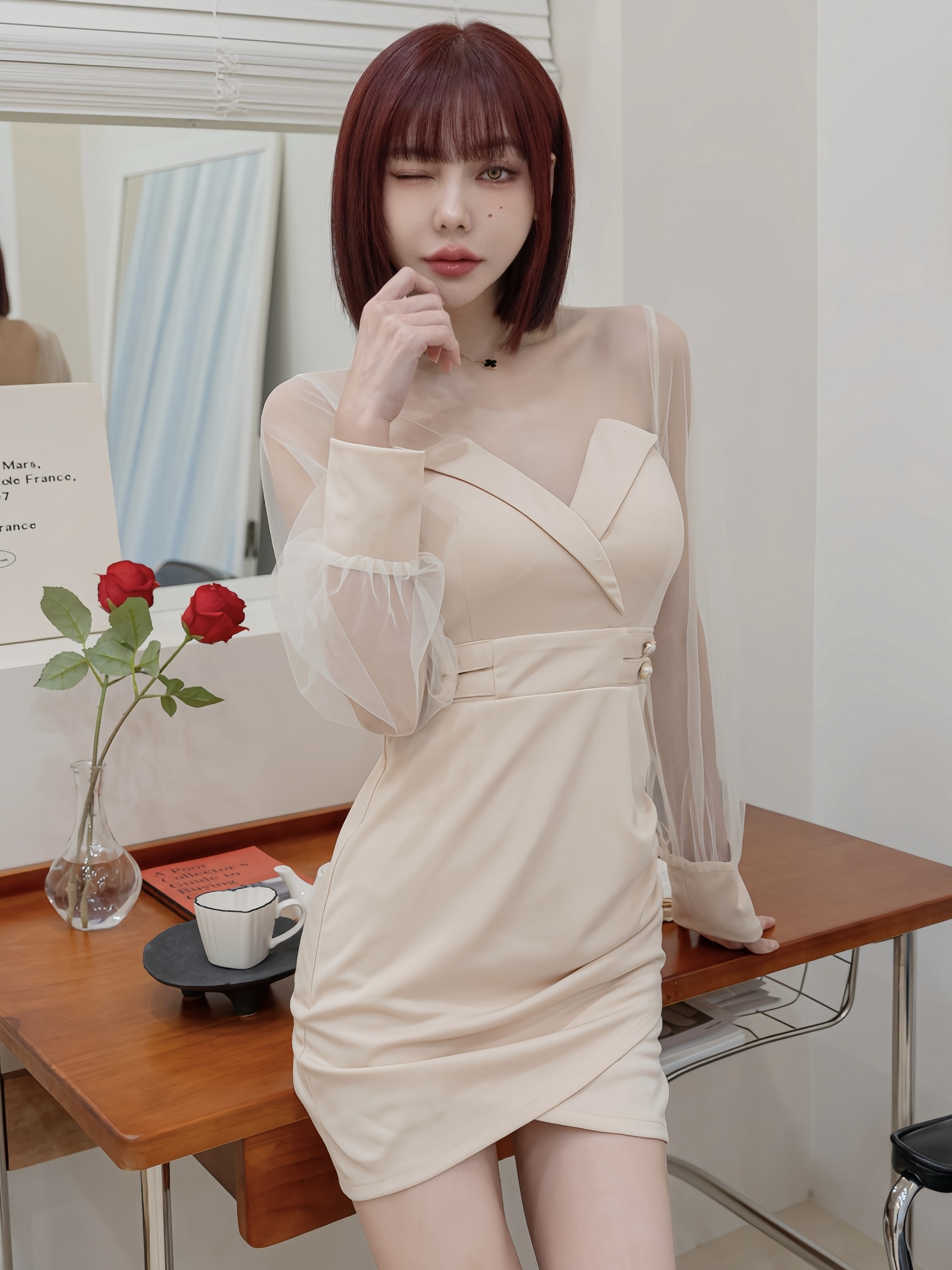 獨家訂製🤍網紗拋袖拼接四釦包臀洋裝（杏色S/M）