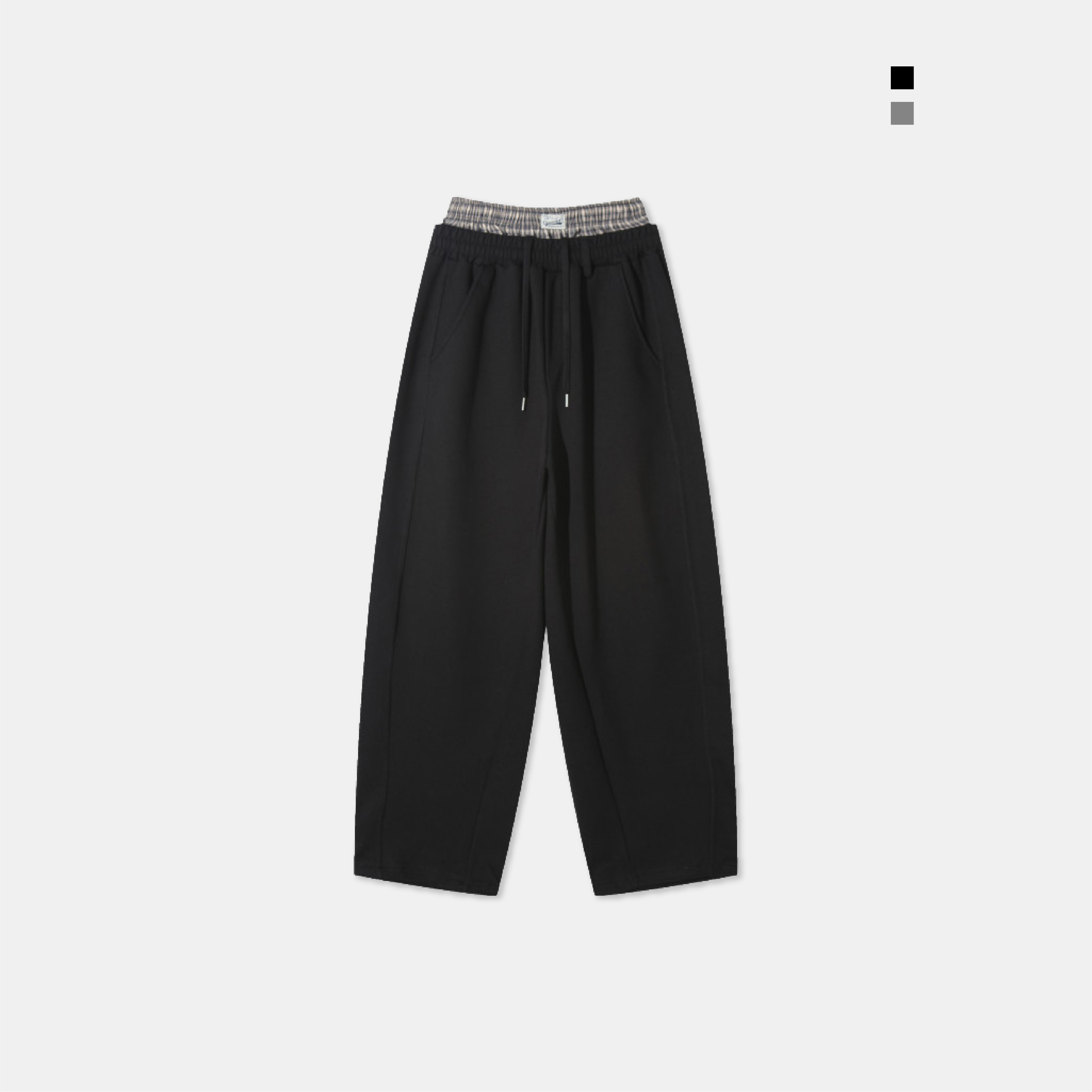 韓國 雙腰頭 格紋 層次 彎刀 棉褲