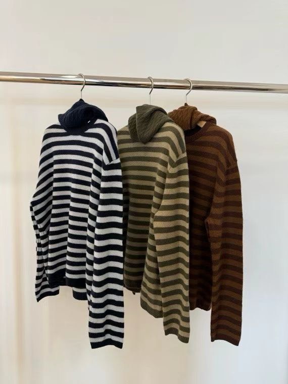 悅工坊 100%羊絨寬鬆薄款條紋帶帽毛衣 F size