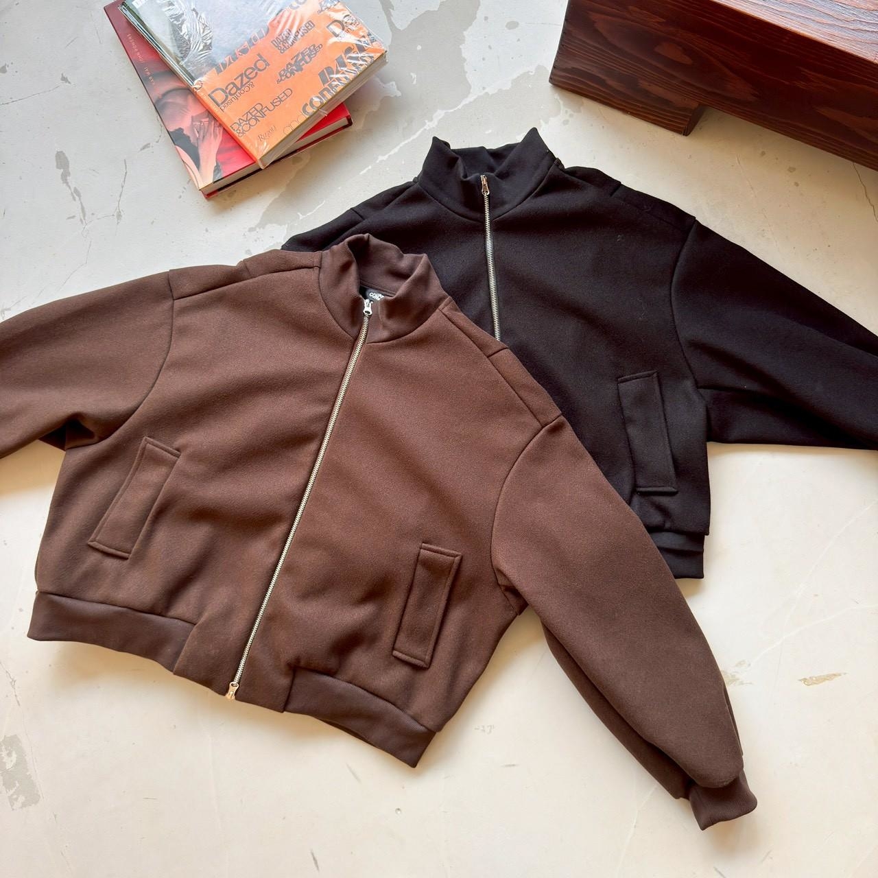 毛呢立領螺紋短版廓型外套 98339