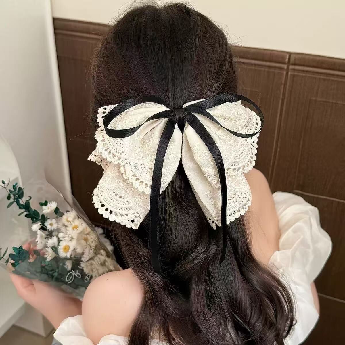 Z247法式蕾絲花邊蝴蝶結半頭夾