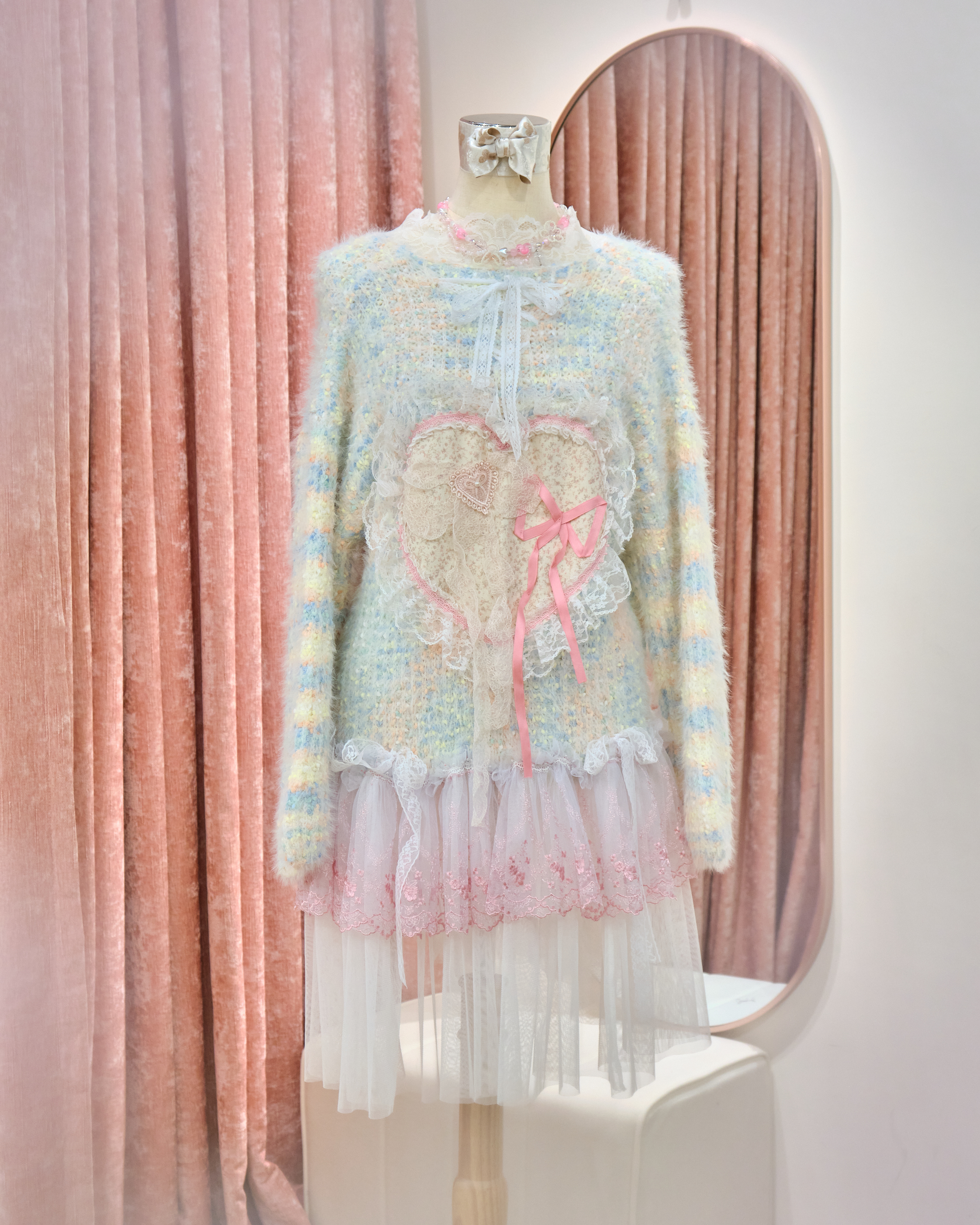 13134 Coquette Mohair Heart Appliqué Sweater Dress with Lace Ruffles