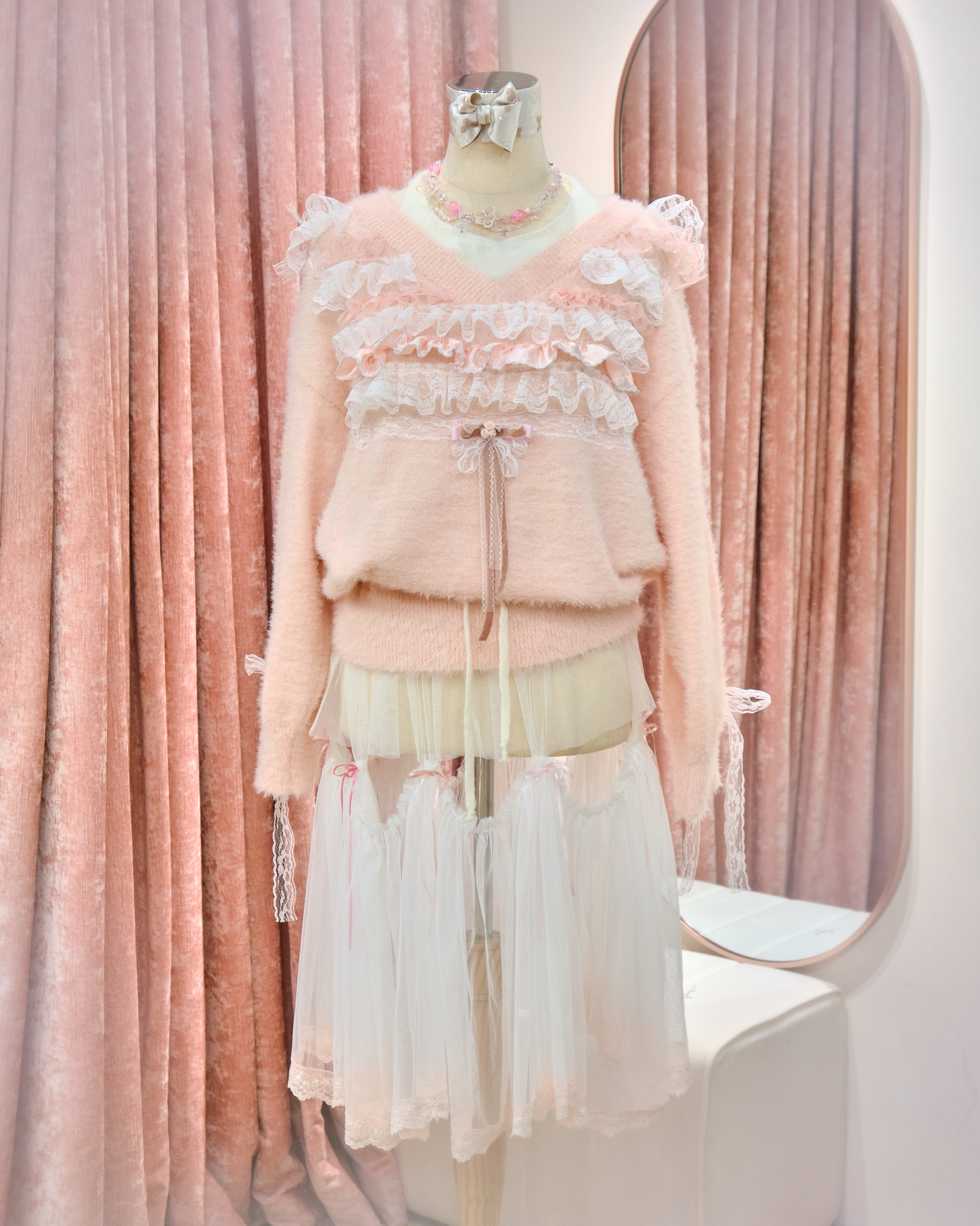 13133 Coquette Mohair Heart Appliqué Sweater Dress with Lace Ruffles