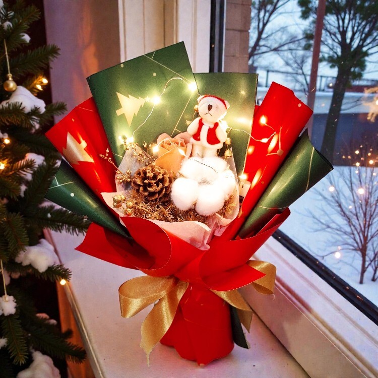 聖誕小熊乾燥花松果香皂花束,Christmas Bear Dried Flower Pine Cone Soap Bouquet