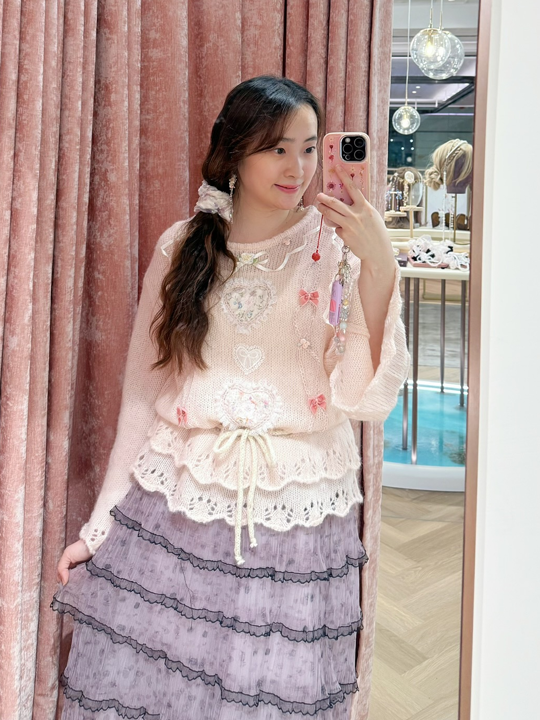 13135 Coquette Mohair Heart Appliqué Sweater with Lace Ruffles