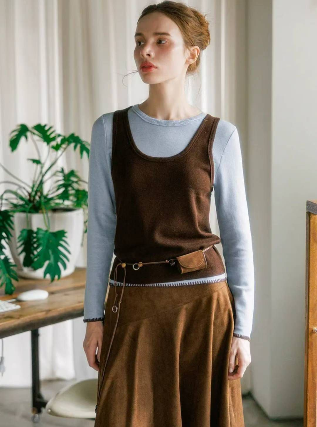 背心長袖針織套裝(啡色)