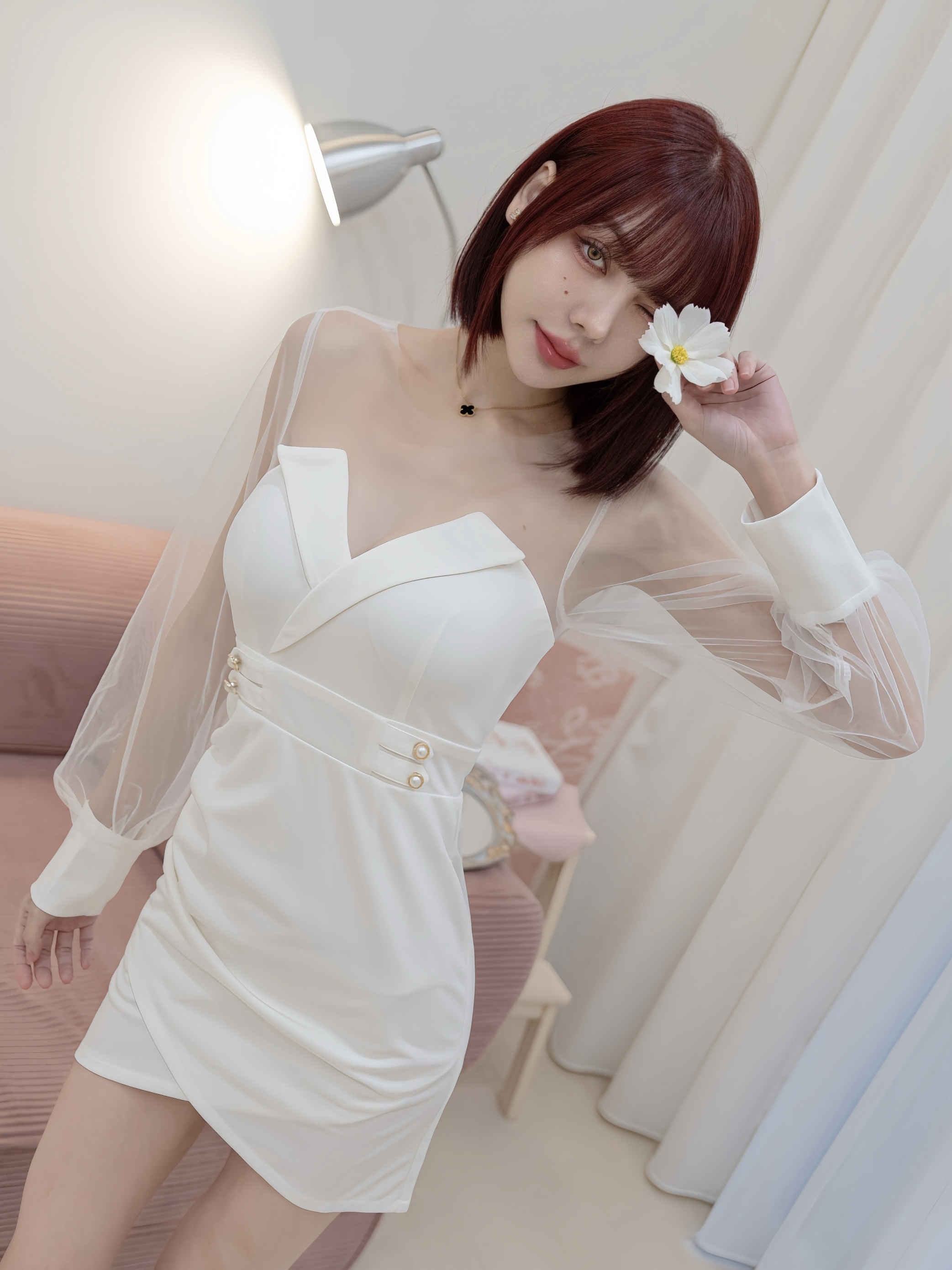 獨家訂製🤍網紗拋袖拼接四釦包臀洋裝（白色S/M）