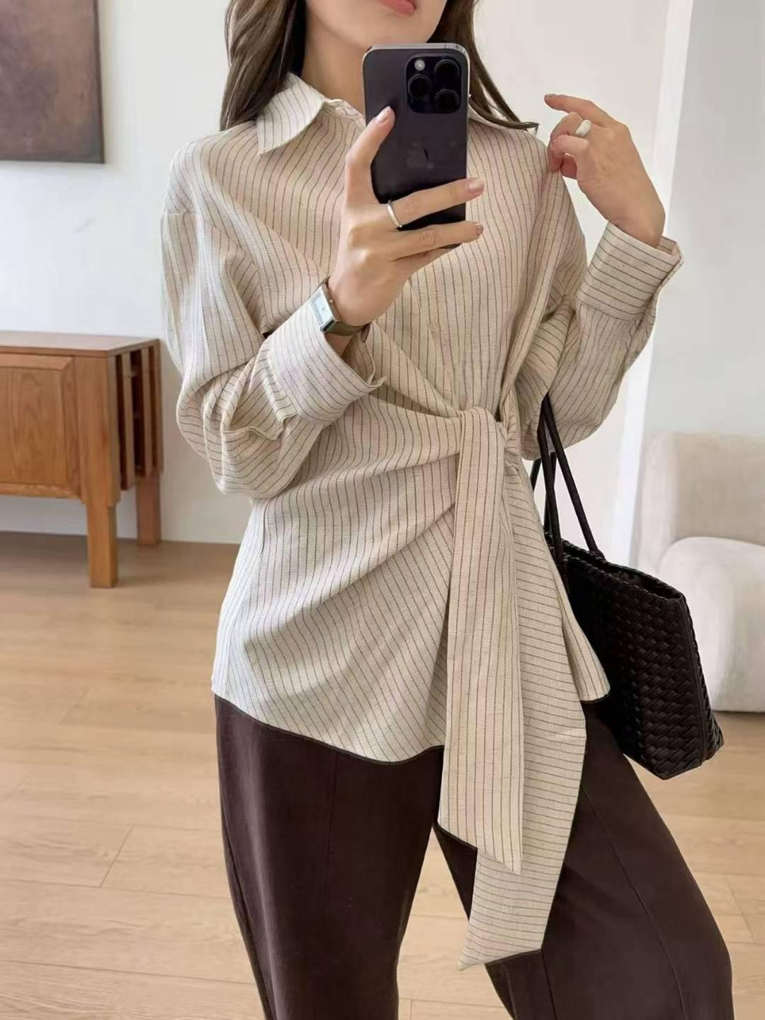 修腰綁帶恤衫上衣(直條紋)