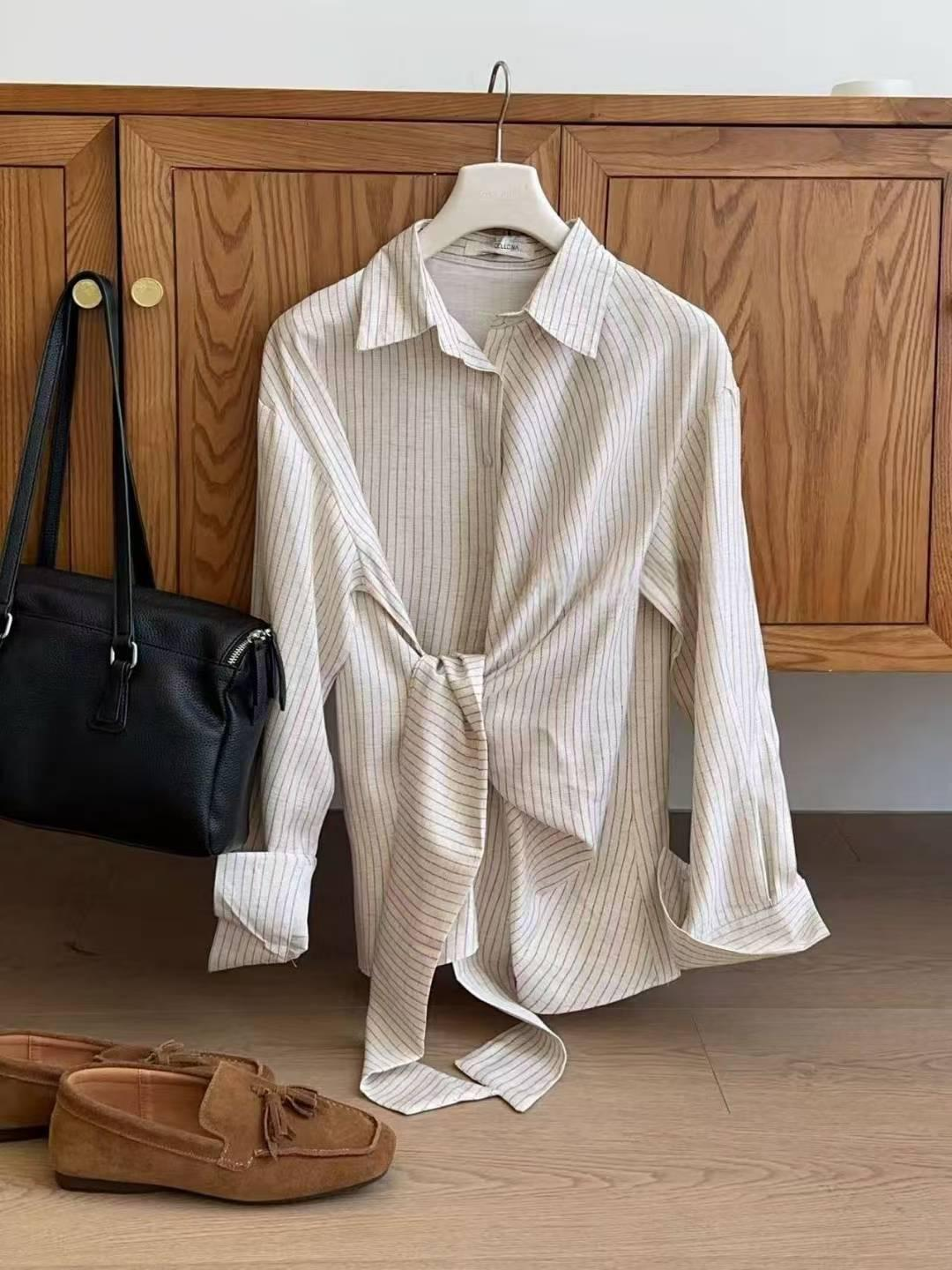 修腰綁帶恤衫上衣(直條紋)