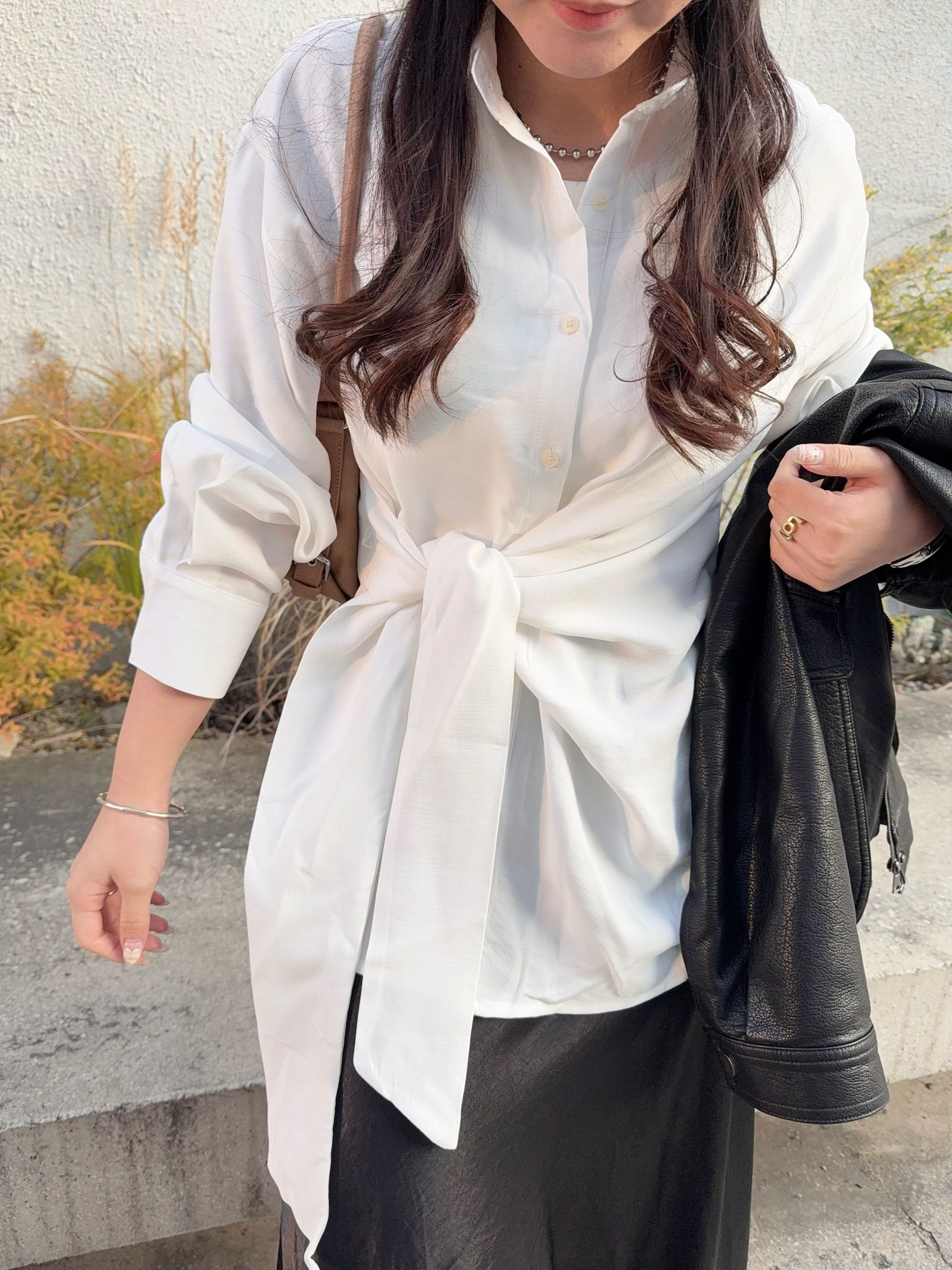 修腰綁帶恤衫上衣(白色)