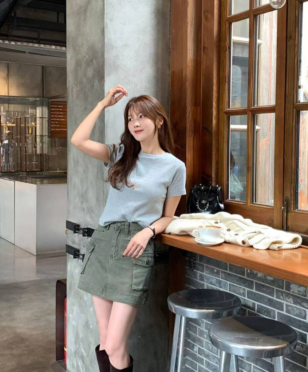 水洗色工裝短裙(軍綠色)