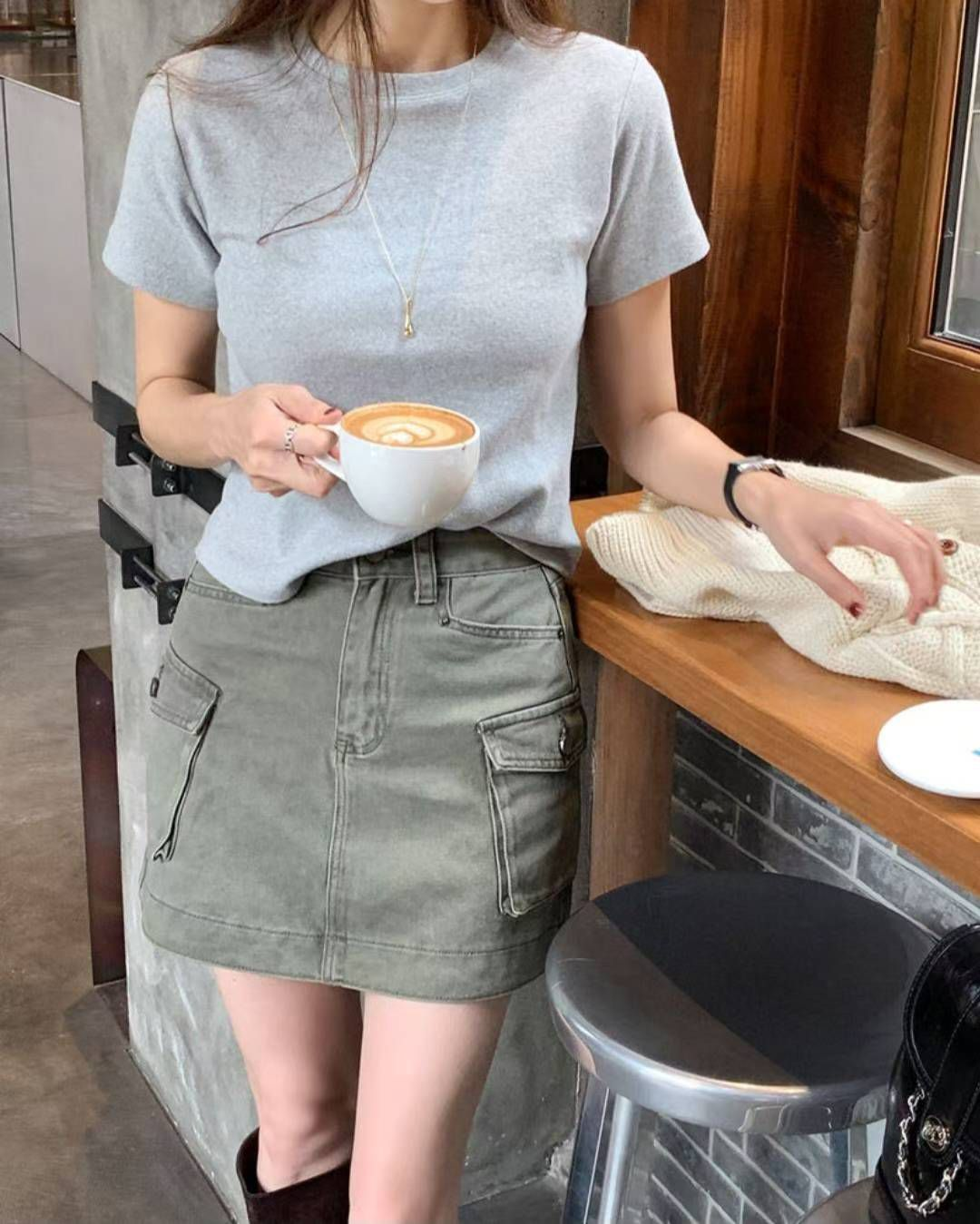 水洗色工裝短裙(軍綠色)