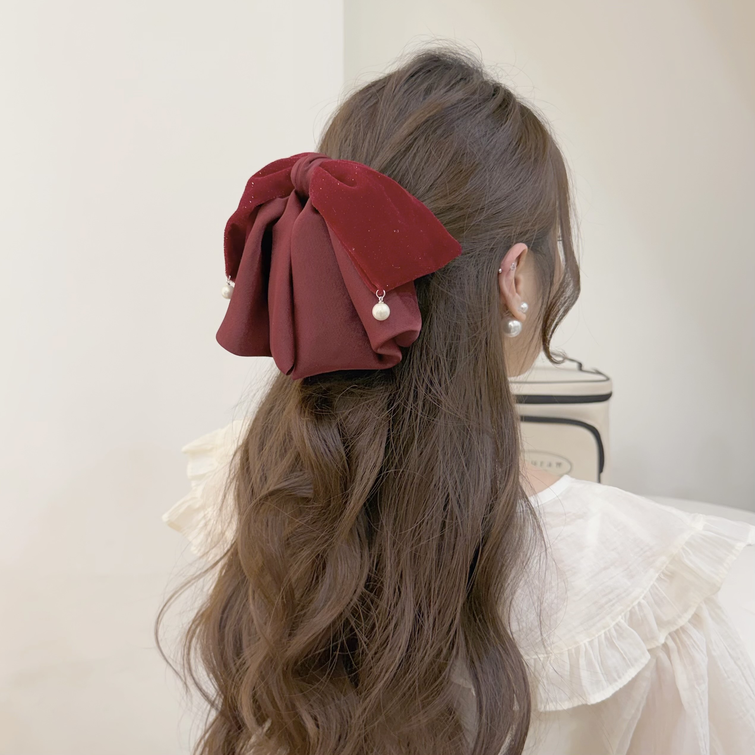 K262絨布雙層珍珠蝴蝶結半頭夾