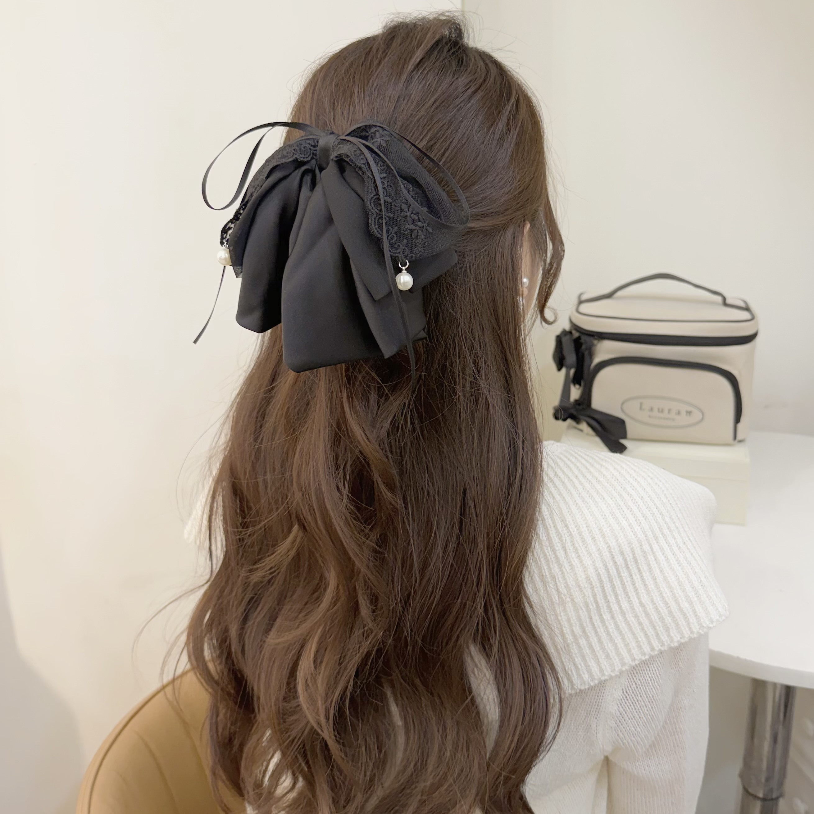 K263蕾絲珍珠蝴蝶結半頭夾