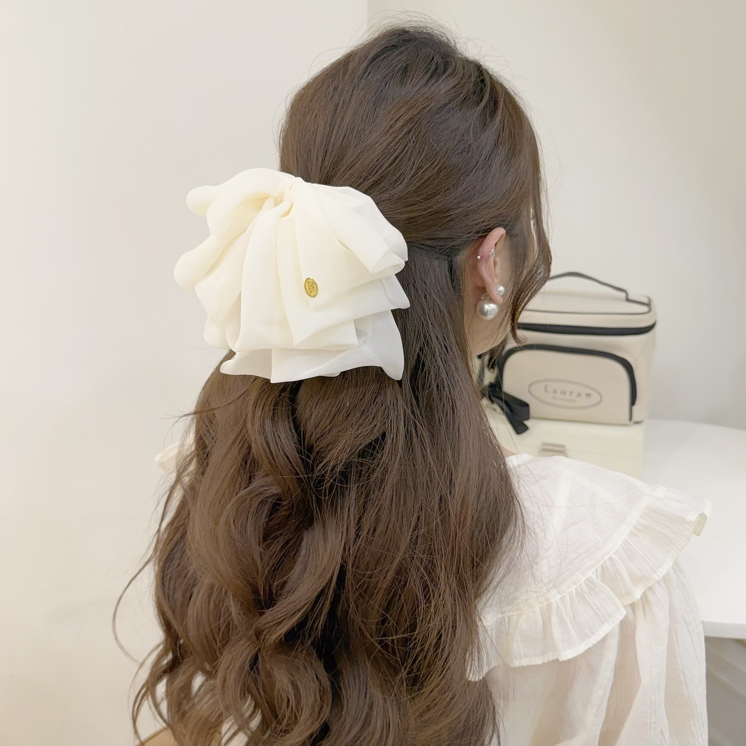 K264圓標三層網紗蝴蝶結半頭夾