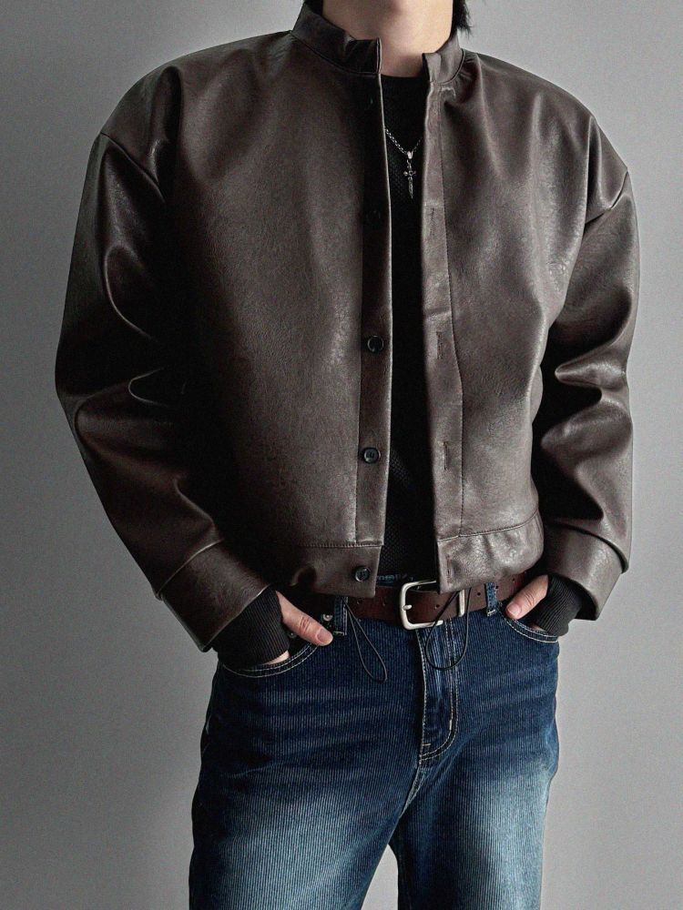 皮革抽繩短款夾克