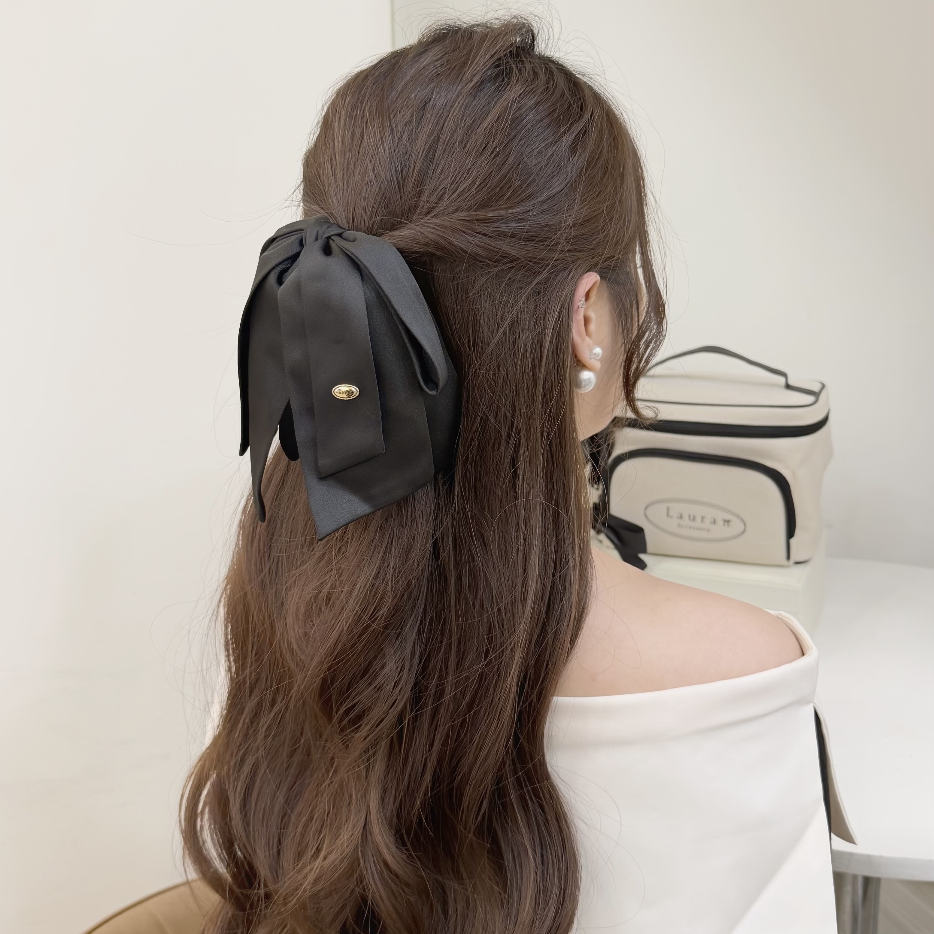 K268橢圓金標垂墜蝴蝶結半頭夾