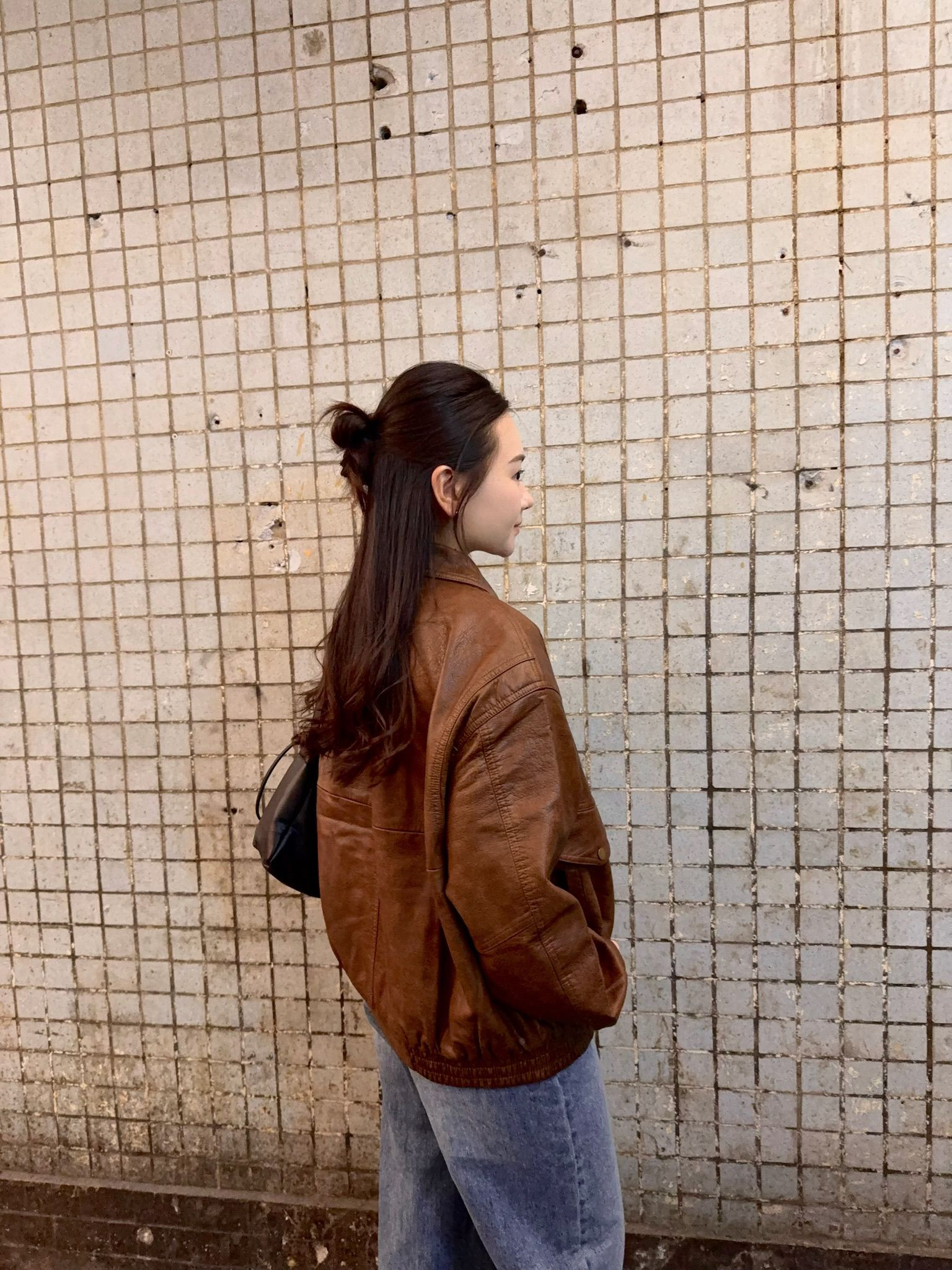 復古大口袋拉鍊皮褸(啡色)