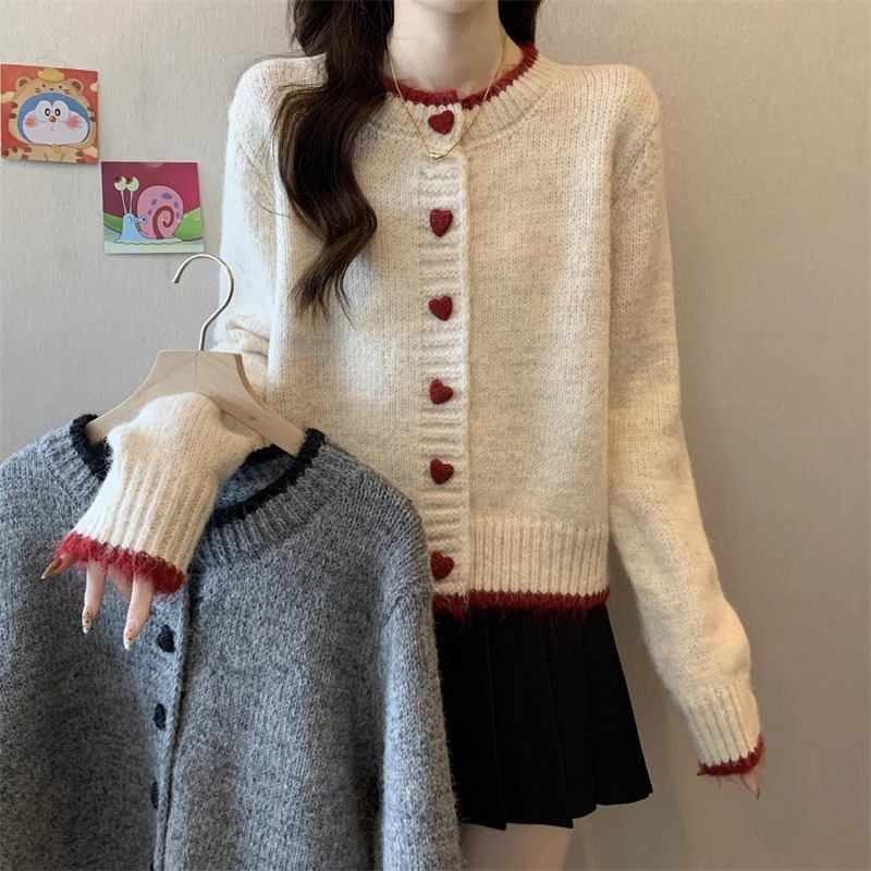 Heart-Button Lazy Knit Cardigan