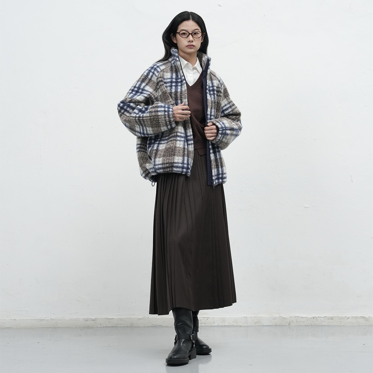 [GENERAL IDEA] WARM CHECK FLEECE ZIP-UP JUMPER