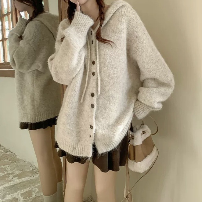 Korean Lazy-Style Hooded Knit Cardigan