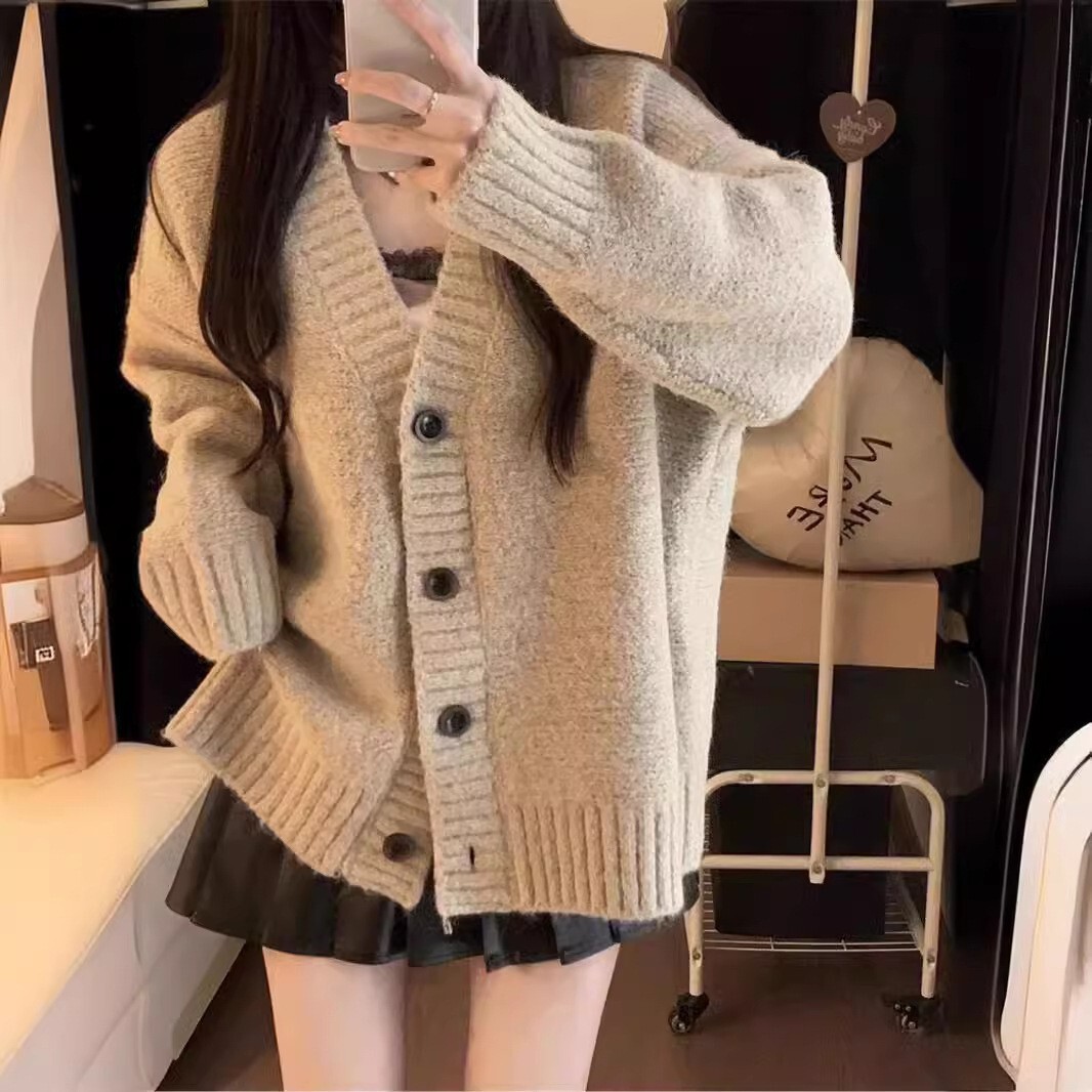 V-Neck Solid Knit Lazy Cardigan