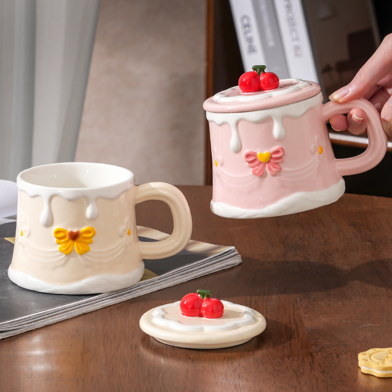 Hand-Painted Embossed Cherry Ceramic Mug