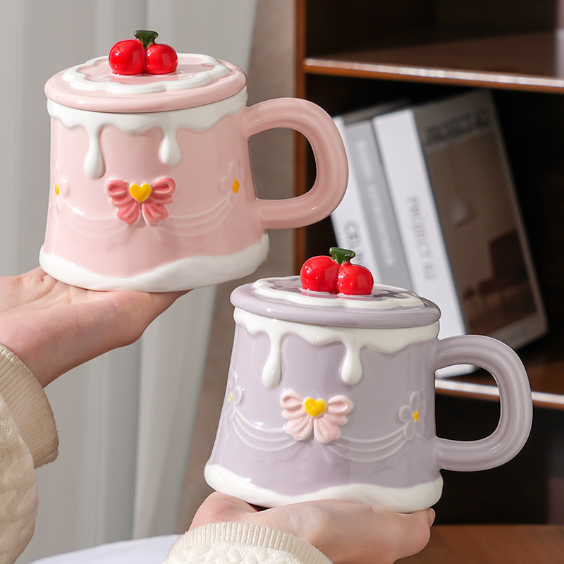 Hand-Painted Embossed Cherry Ceramic Mug