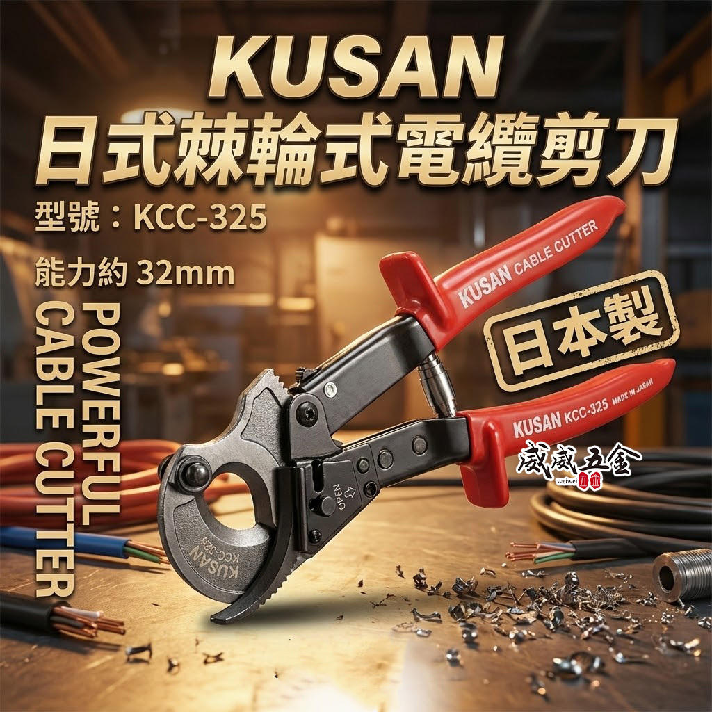 日本製 KUSAN｜日式棘輪式電纜剪 鋼絲電纜線 專業電纜線剪刀 機輪式電纜線剪 齒輪電工剪｜KCC-325