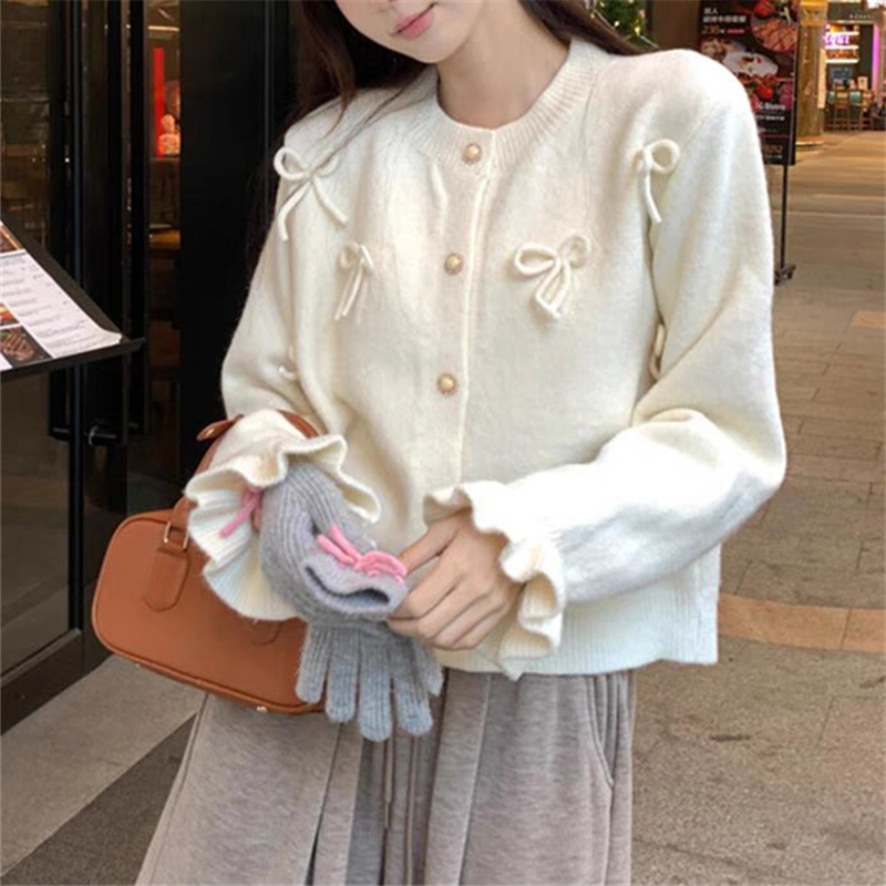 Bow-Flared Sleeve Knit Cardigan