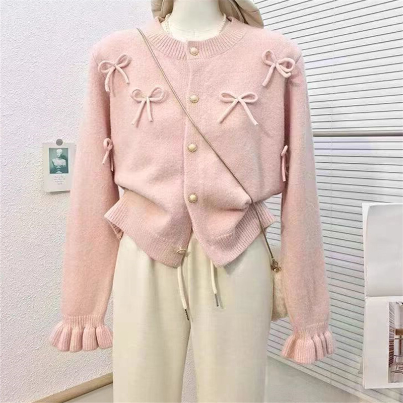 Bow-Flared Sleeve Knit Cardigan