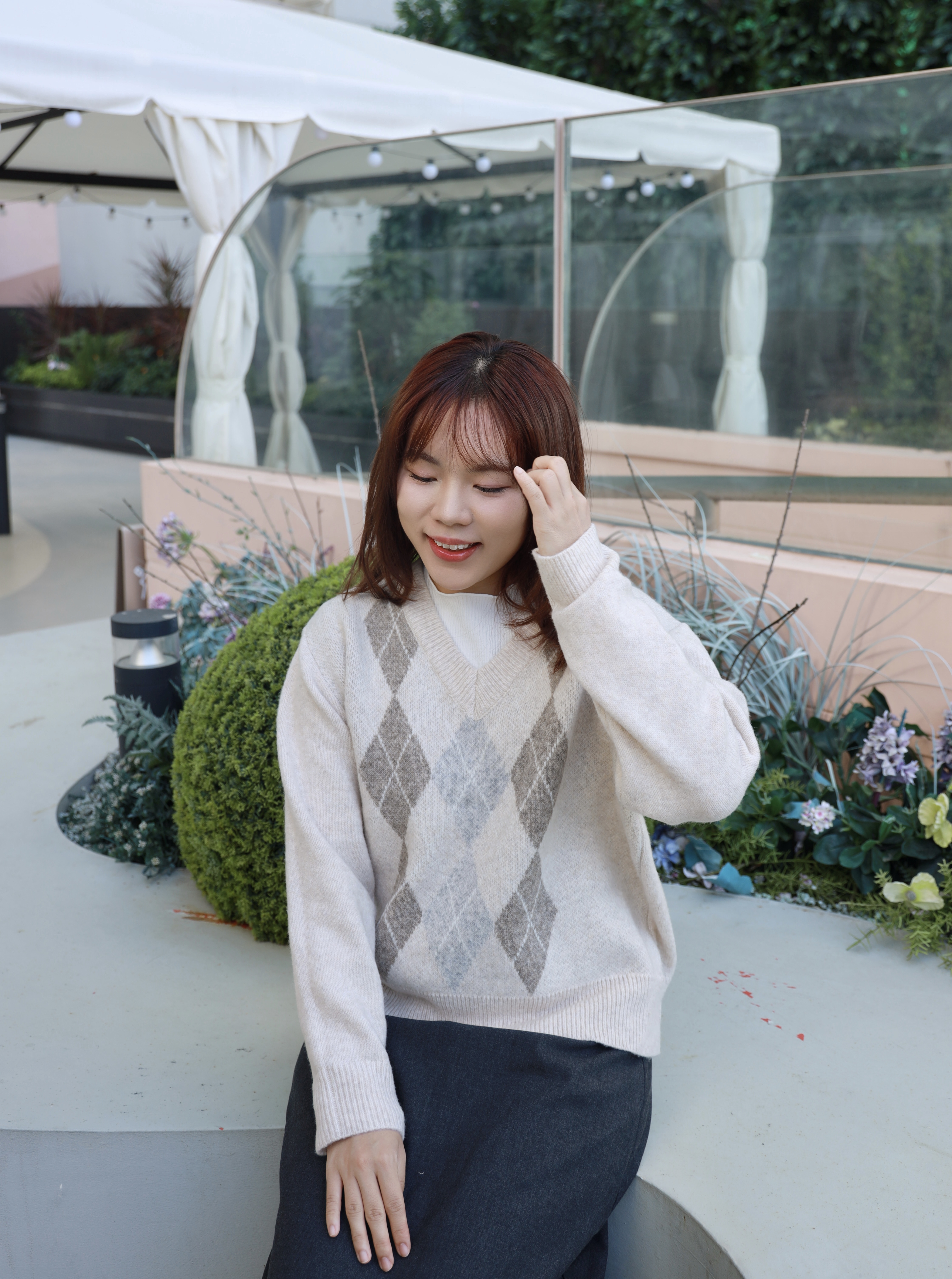 ||TOP595|| V領菱格隨意針織TOP