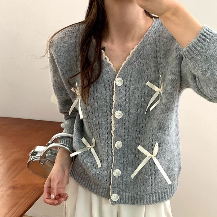 Soft Knit V-Neck Cardigan with Hollow Design & Bows
