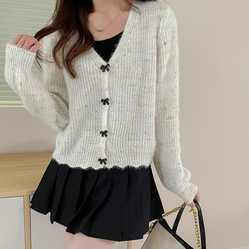 V-Neck Bow Minimalist Knit Cardigan