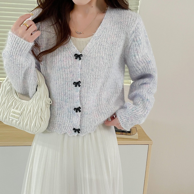 V-Neck Bow Minimalist Knit Cardigan