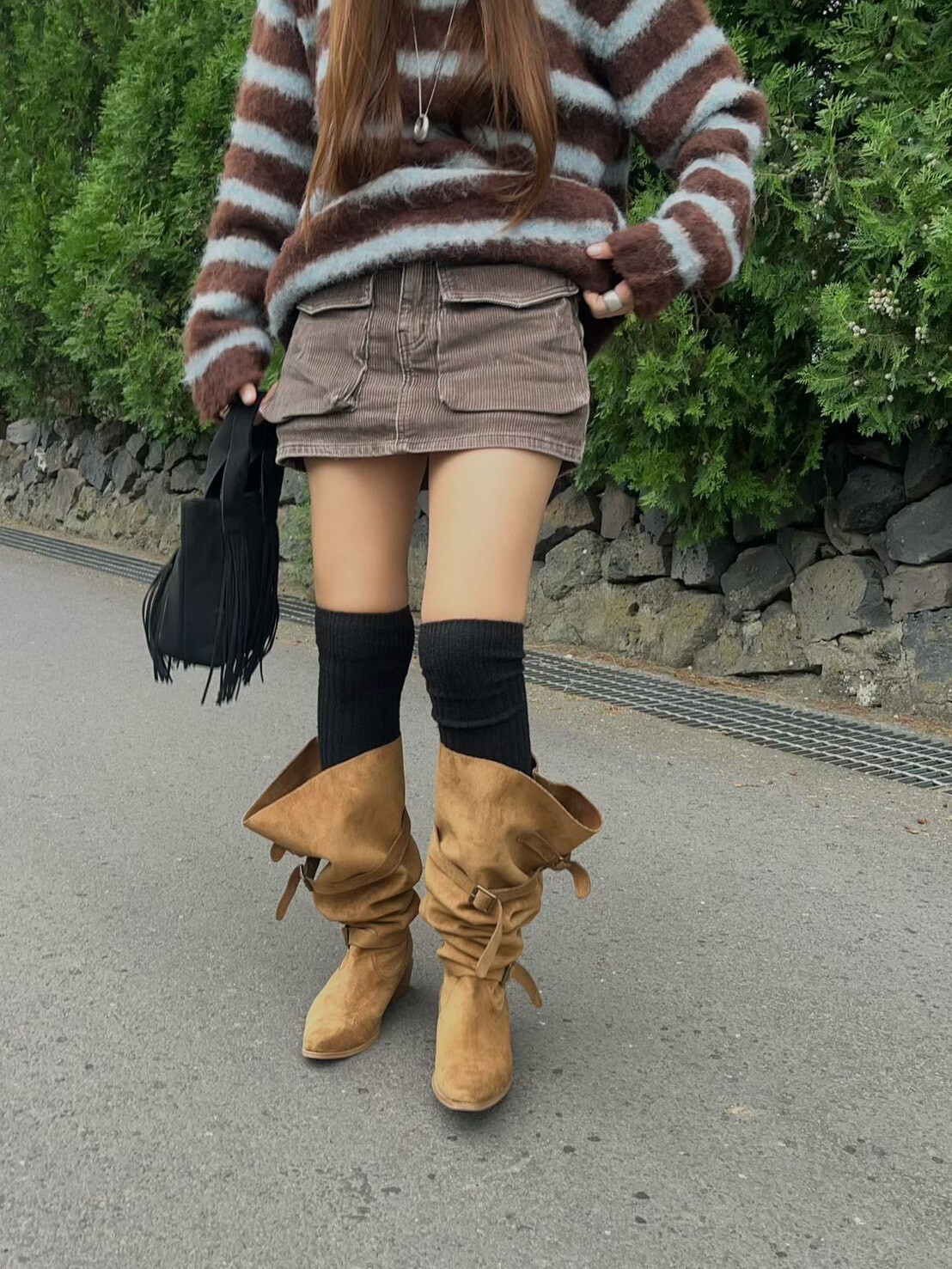 刷舊坑條短褲裙