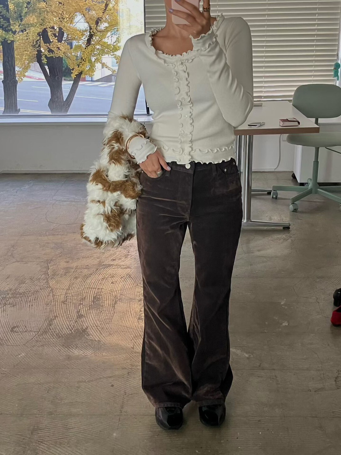 咖啡絨面喇叭長褲