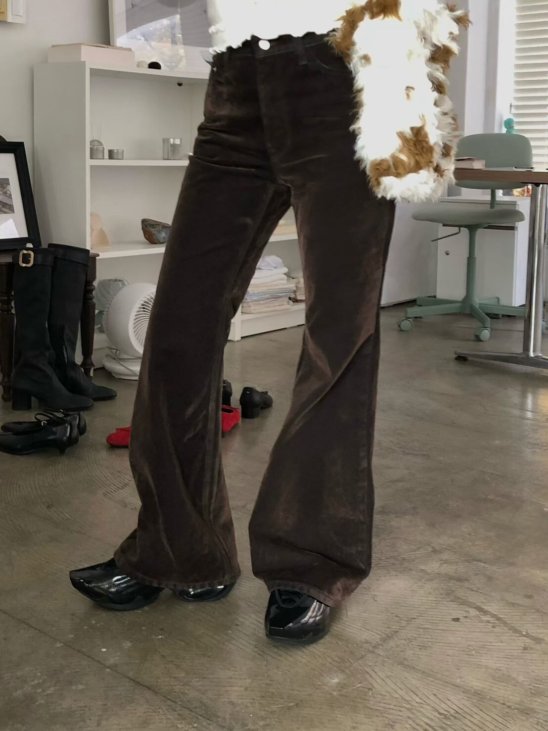 咖啡絨面喇叭長褲
