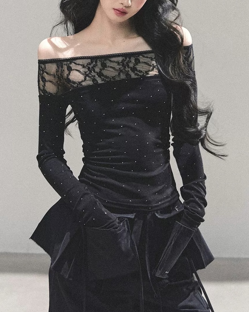 設計師家一字領蕾絲拼接棉質燙鑽上衣