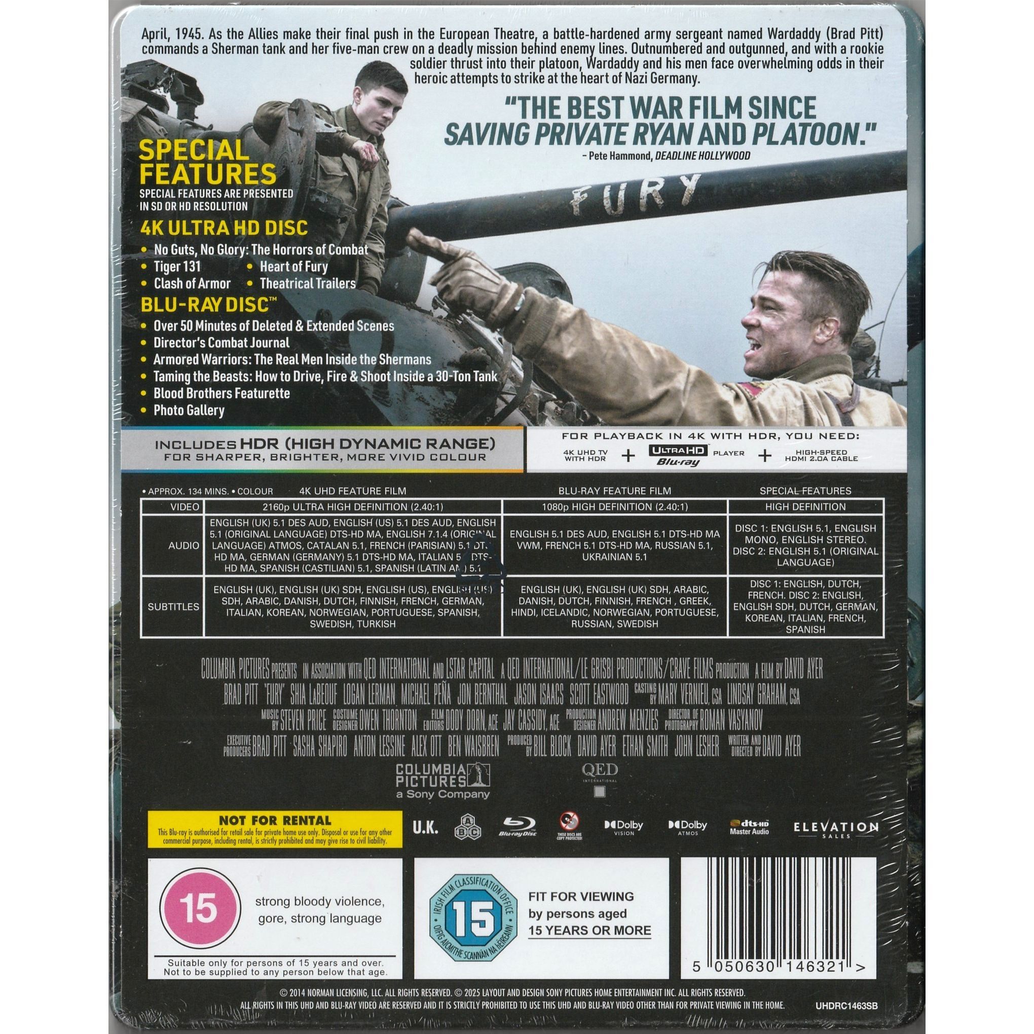 Fury (2014) (Steelbook) (4K Ultra HD + Blu-ray) (UK Version) [No Chinese subtitles]