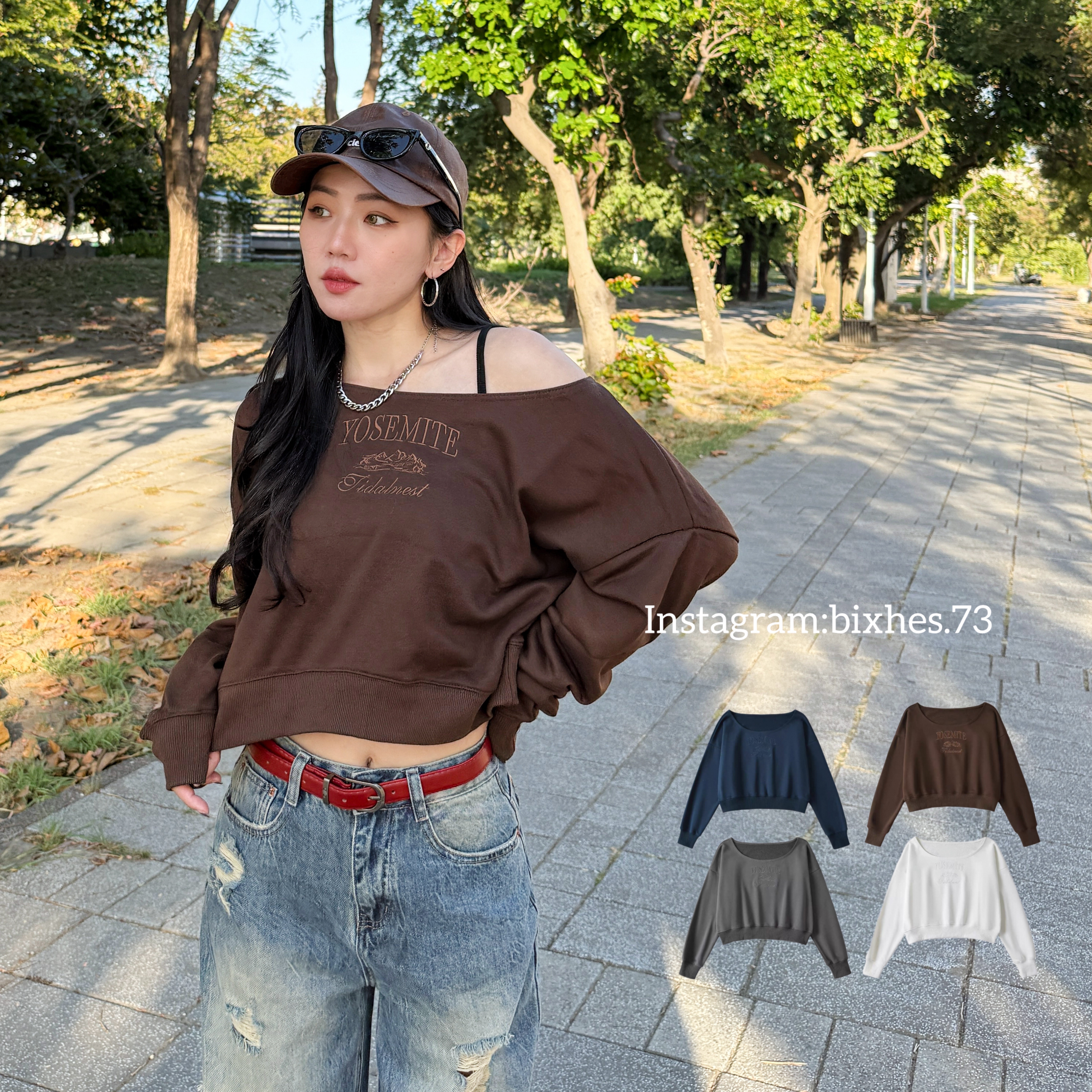 同色系刺繡斜肩衛衣(B00097)