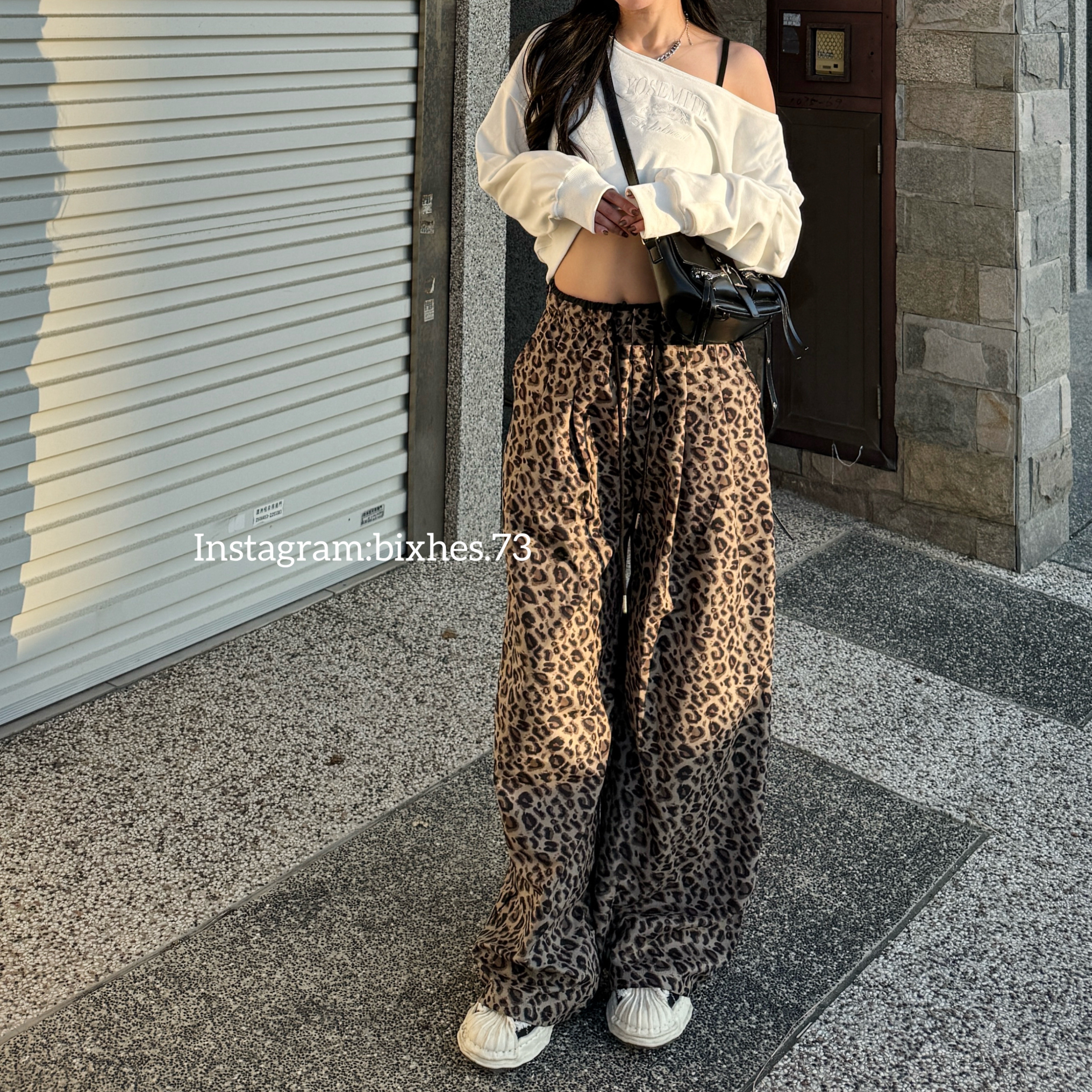 復古抽繩豹紋寬褲(E00058)