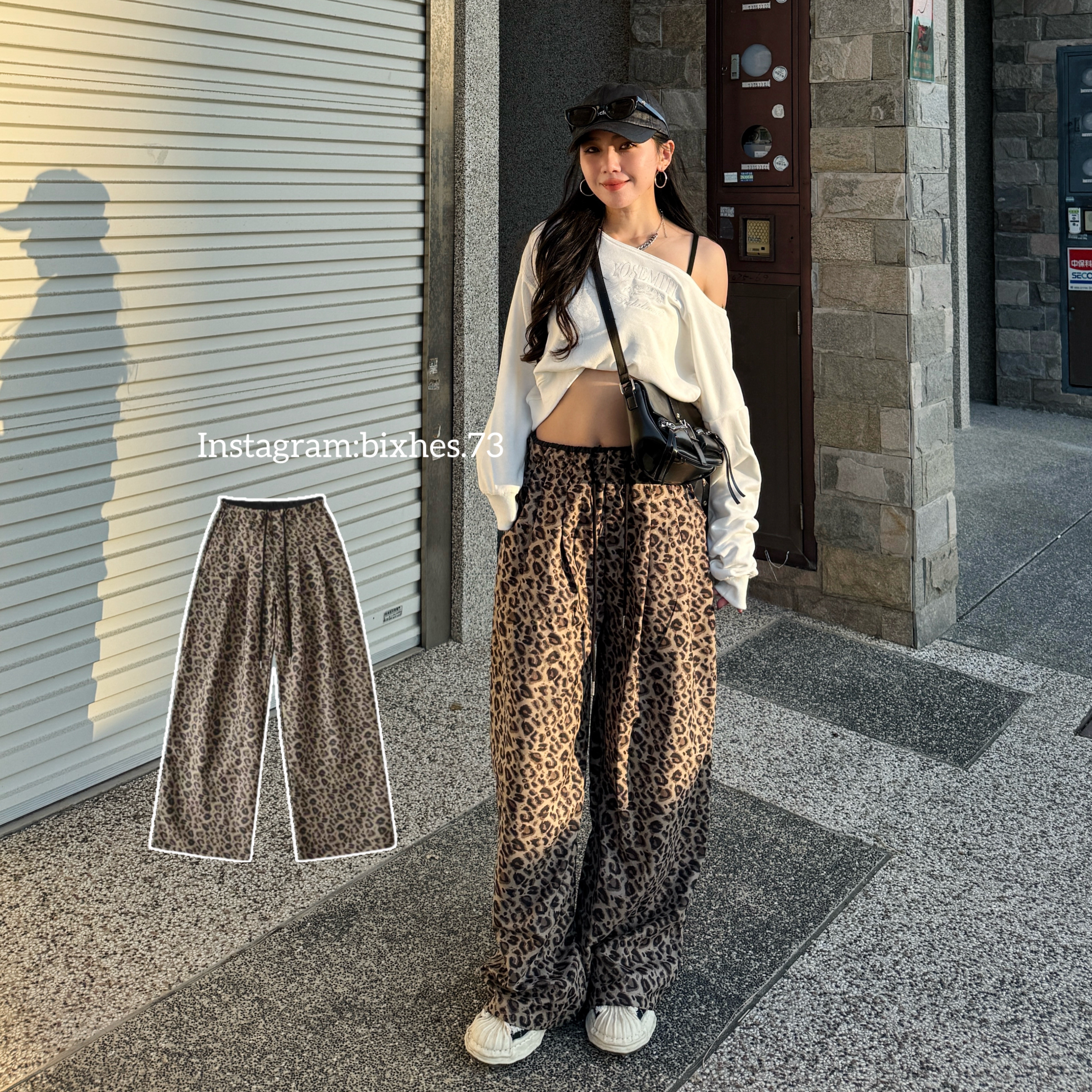 復古抽繩豹紋寬褲(E00058)