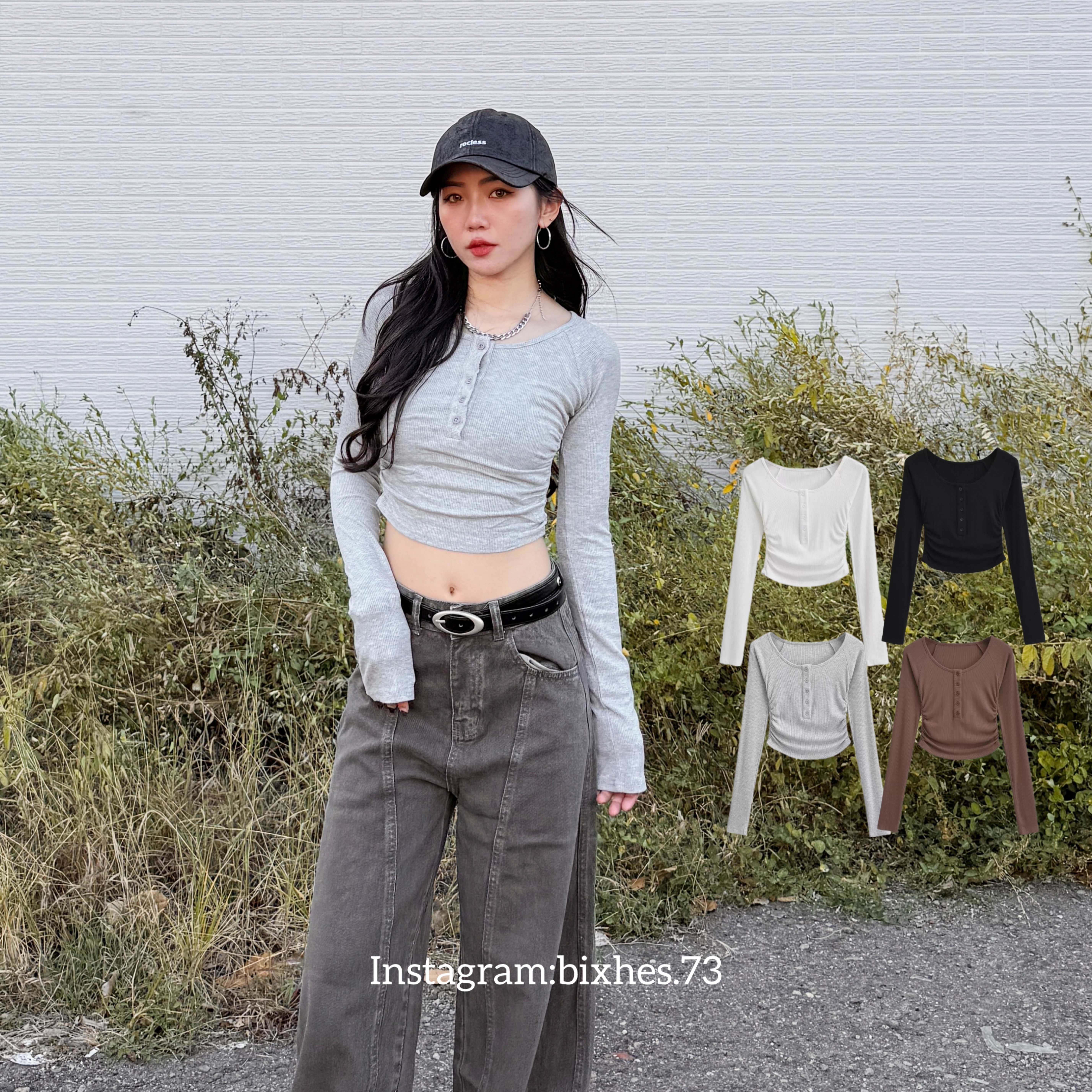 排扣抓皺短版長T(B00067)