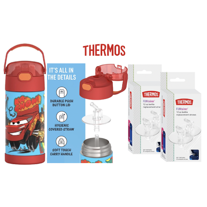 美國 Thermos 不鏽鋼真空兒童保溫吸管水壺 - 反斗車王 + 吸管替換配件 (4 件裝)
