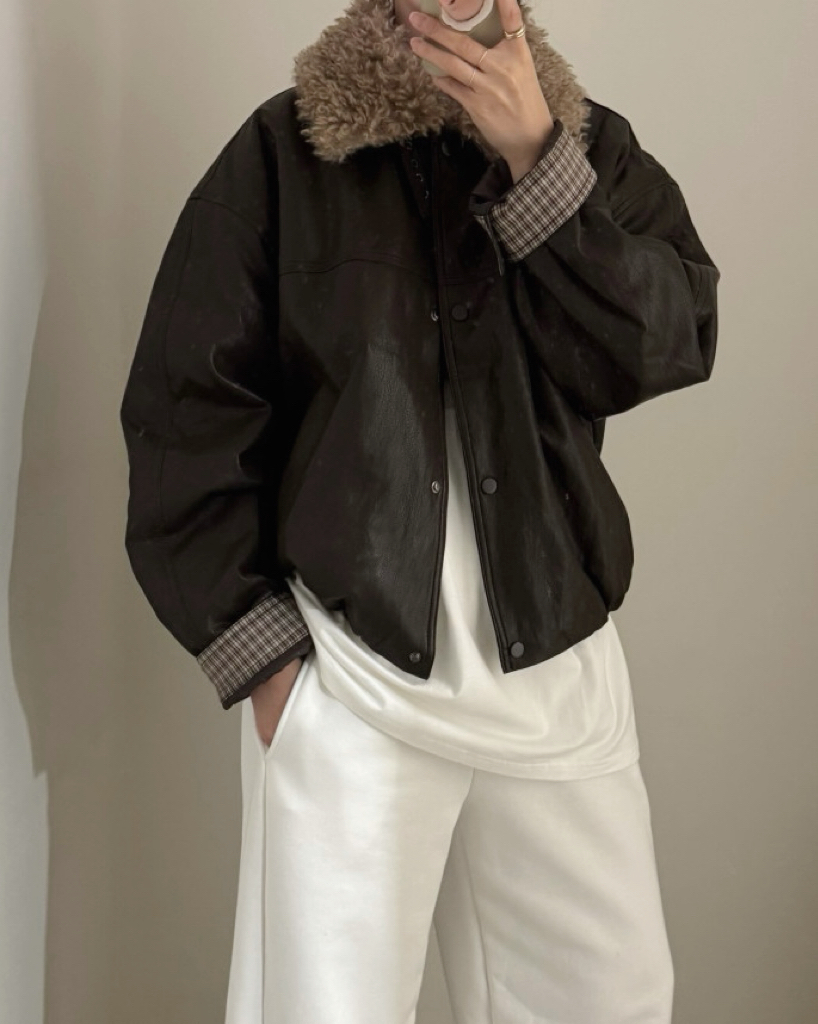 #228N626 甜帥rule！羔毛毛領飛行皮外套