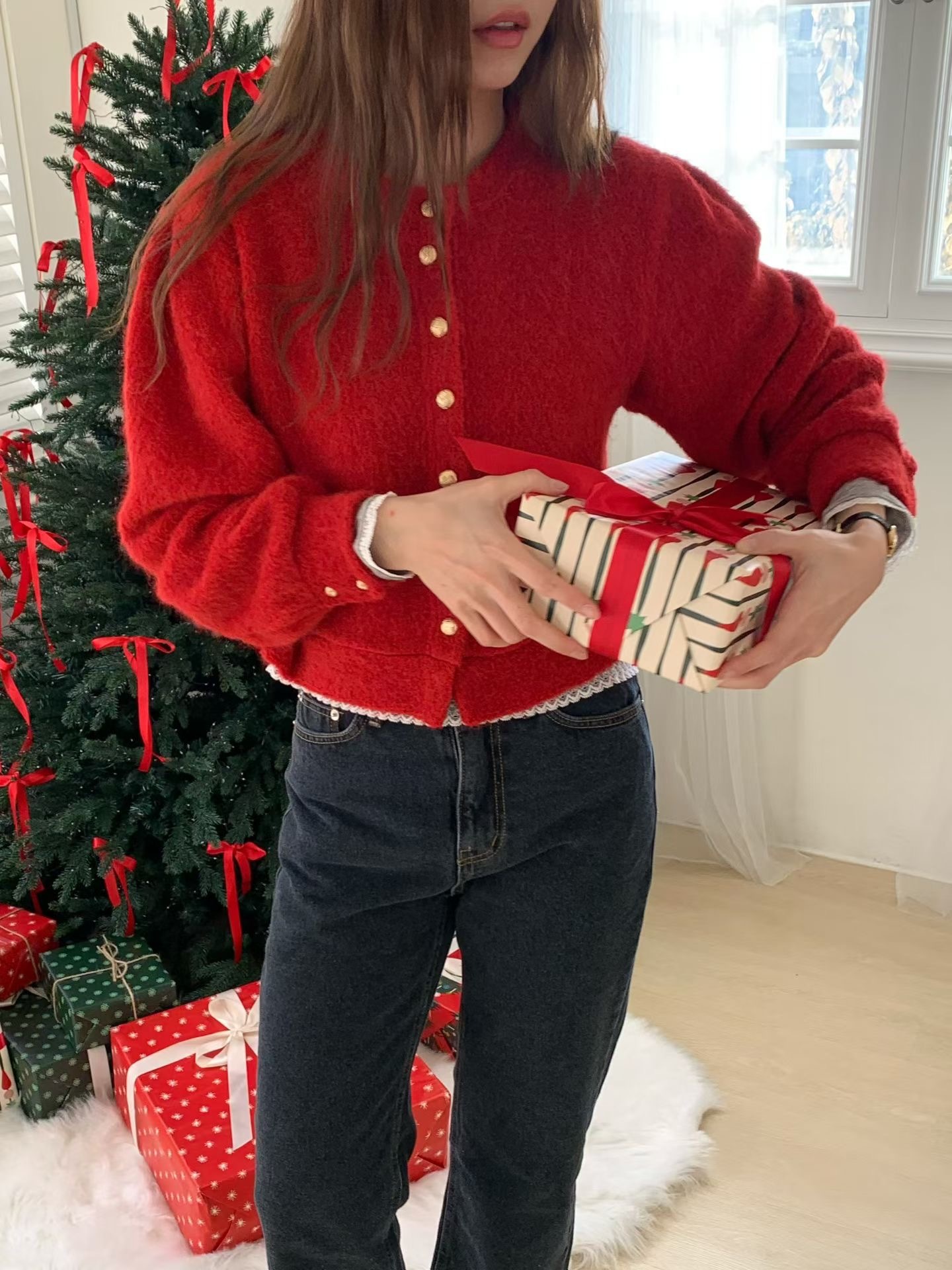 #228N627 哦嗼! 太舒服小熊感圓領金扣兩穿上衣 (紅)