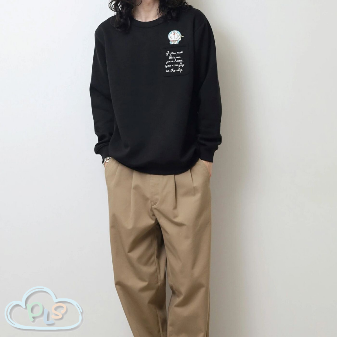 現貨 刺繡圖案抓毛衛衣 I’m Doraemon 黑色 #22856-1